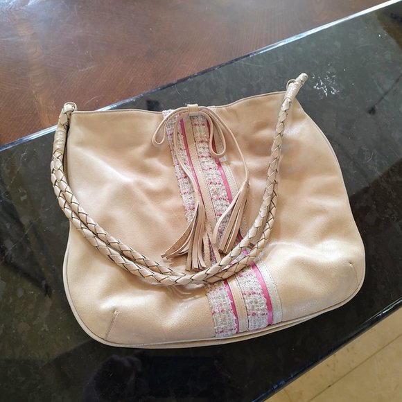 Women's vintage boho Violette Nozieres bag 11"X13", tan and pink leather. Used - Picture 2 of 13